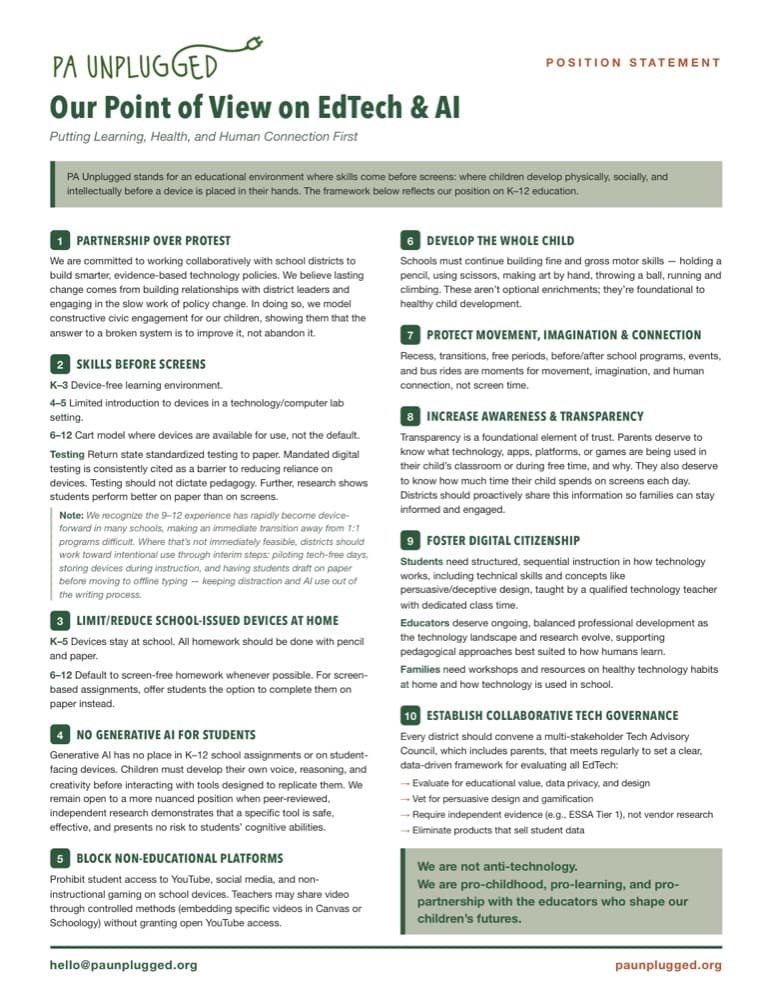 First page of the PA Unplugged position statement on EdTech and AI