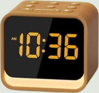 A wood-grain digital alarm clock