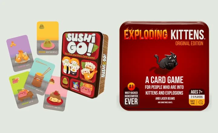 The Sushi Go! card game and the Exploding Kittens card game tin