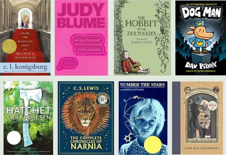Covers of classic children's books, including The Hobbit, Hatchet, Number the Stars, and Dog Man