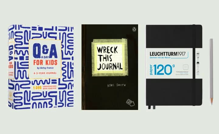 Covers of Q&A a Day for Kids and Wreck This Journal, and a black Leuchtturm1917 notebook