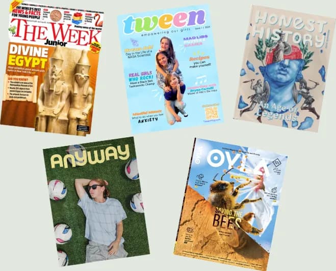 Covers of The Week Junior, Tween, Honest History, Anyway, and Oyla magazines