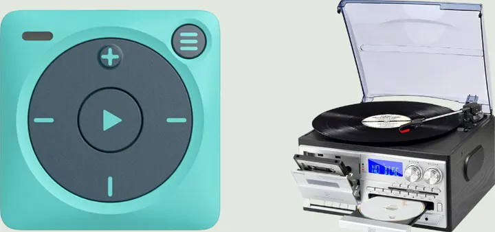A teal Mighty MP3 player and a combination record, CD, and cassette stereo