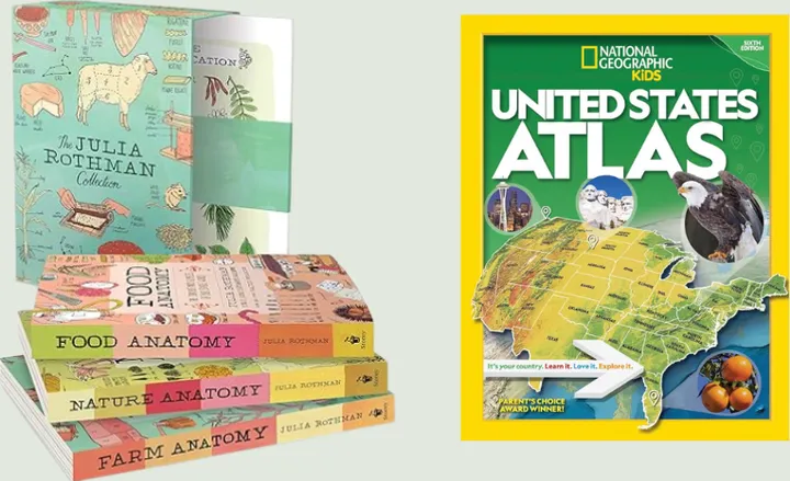 Julia Rothman's Anatomy books and a National Geographic Kids atlas