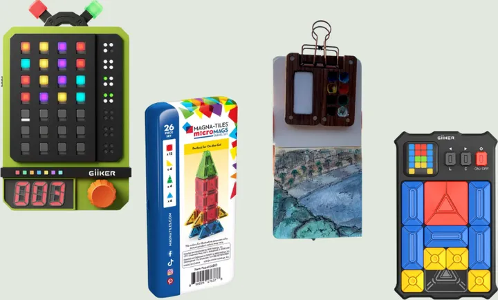 A GiiKER puzzle game, a Magna-Tiles travel kit, and a travel watercolor set