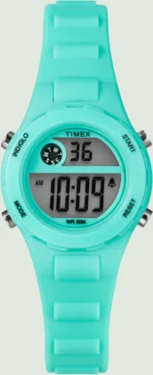 A teal Timex digital watch